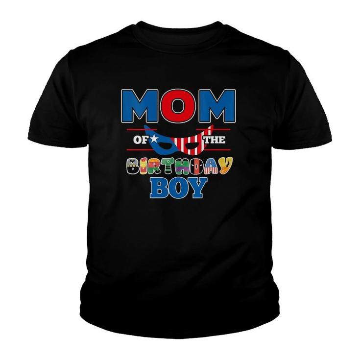 Womens Mom Of The Superhero Birthday Boy Super Hero Party Theme V-Neck Youth T-shirt