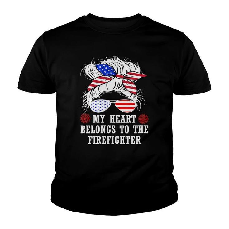 Womens My Heart Belongs To Fire Captain Firefighter Mom Wife Gifts V-Neck Youth T-shirt