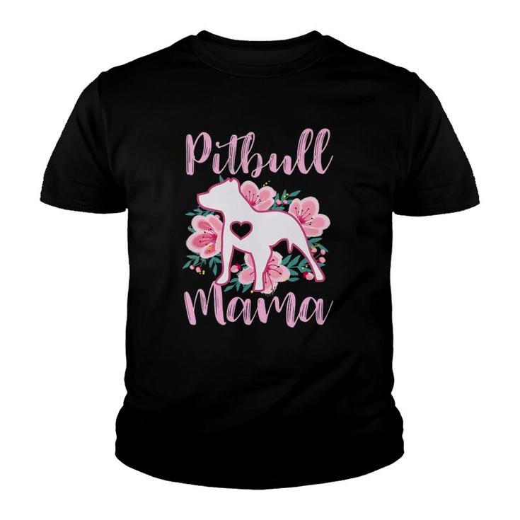 Womens Pitbull Mama Pink Flowers Pittie Mom Cute Mommy Gift V-Neck Youth T-shirt