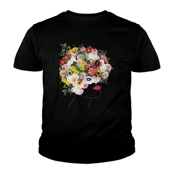 Womens Portrait With Floral Hair Botanical Inspired Flowers Graphic V Neck Youth T-shirt