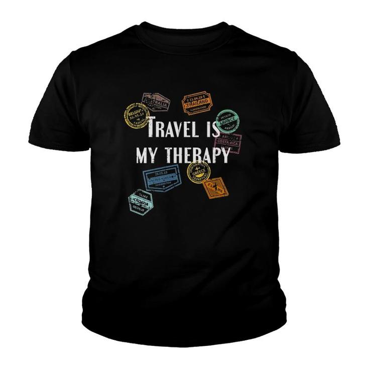Womens Travel Is My Therapy Distressed World Traveler Passport V-Neck Youth T-shirt