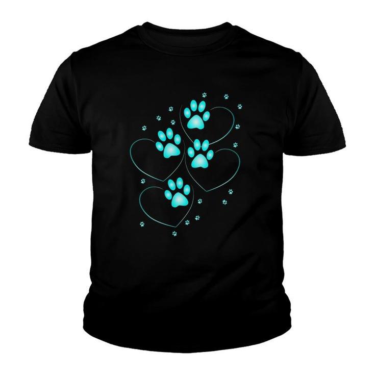 Womens Turquoise Hearts With Paws Of A Dog Or Cat V-Neck Youth T-shirt
