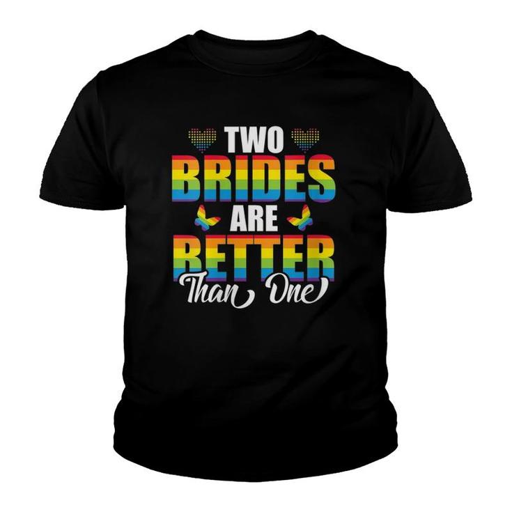 Womens Two Brides Are Better Than One Funny Lesbian Wedding V-Neck Youth T-shirt
