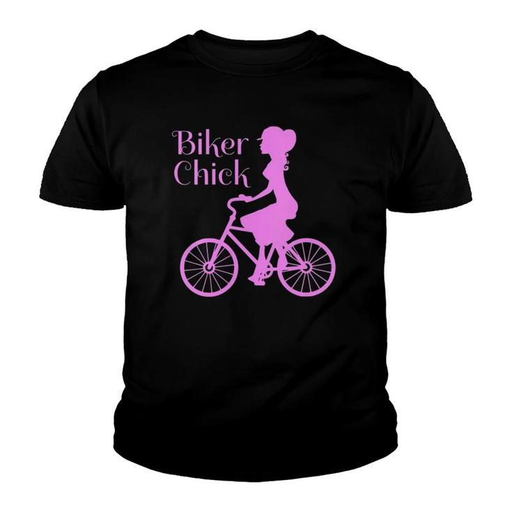 Womens Vintage Bike Biker Chick On Bicycle Quote Pink Print Youth T-shirt