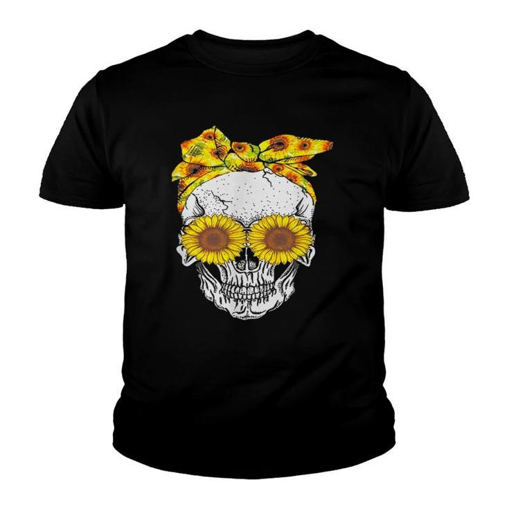 Womens Vintage Sunflower Skull Decor Graphic Face Eyes Youth T-shirt