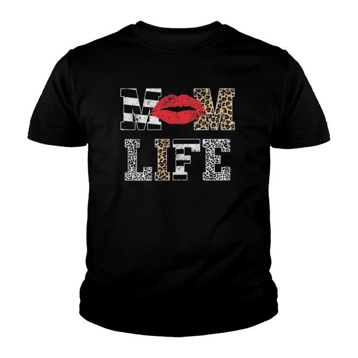 Womens Women Mom Life Vintage Leopard Pattern Red Lips Mother's Day Youth T-shirt