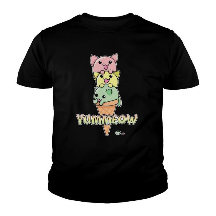 Yummeow Cat Ice Cream Cone Funny Kawaii Kitten Youth T-shirt