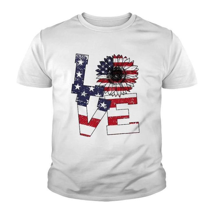 4Th Of July Love Sunflower Patriotic American Flag Youth T-shirt