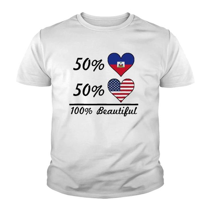 50 Haitian Flag 50 American Flag 100 Beautiful Cute Haiti Youth T-shirt