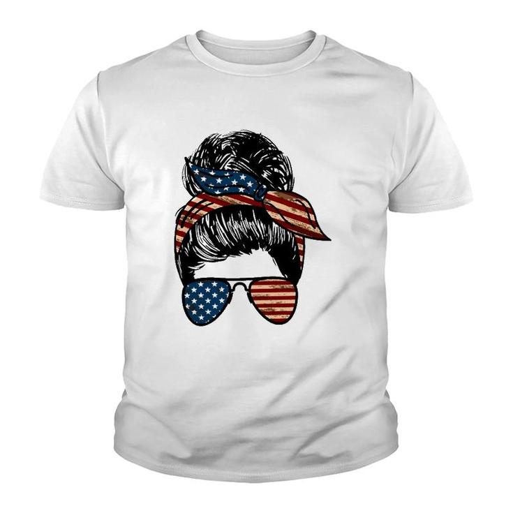 All American Mama Mother's Day Gift 4Th Of July Messy Bun American Flag Sunglasses Bandana Youth T-shirt