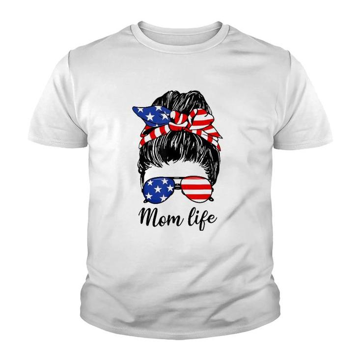 American Flag 4Th Of July Mom Life Messy Bun Mother's Day Youth T-shirt