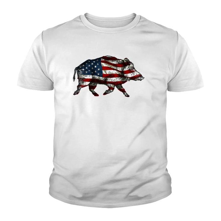 American Flag Feral Hog Wild Pig Hunting Youth T-shirt