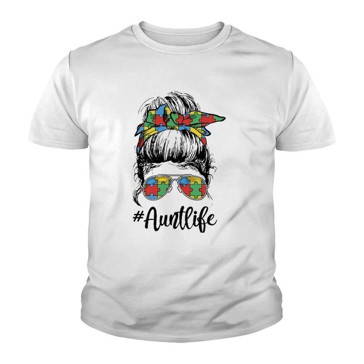 Autie Aunt Life Autism Awareness Messy Bun Girl Mother's Day Youth T-shirt