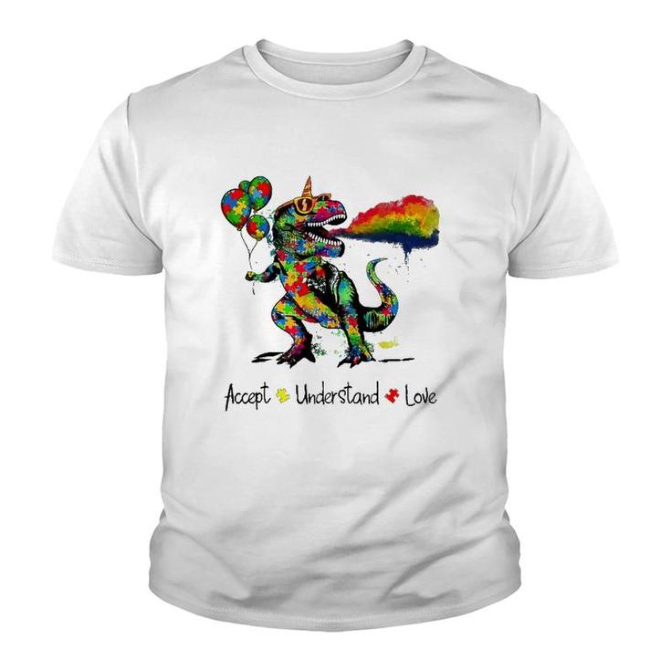 Autism Awareness Accept Understand Love Dinosaur Watercolor Youth T-shirt