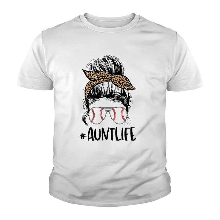 Baseball Aunt Messy Bun, Auntie Life Messy Bun Mother's Day Youth T-shirt