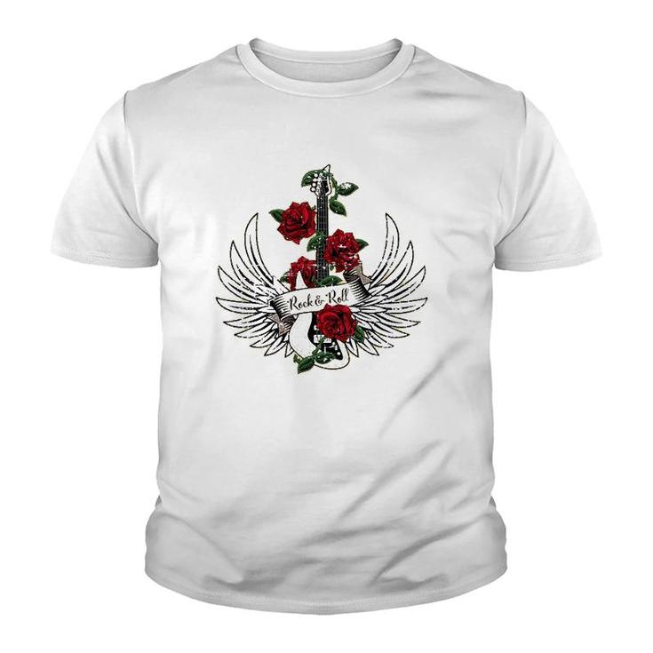 Bass Guitar Wings Roses Distressed Rock And Roll Design Youth T-shirt