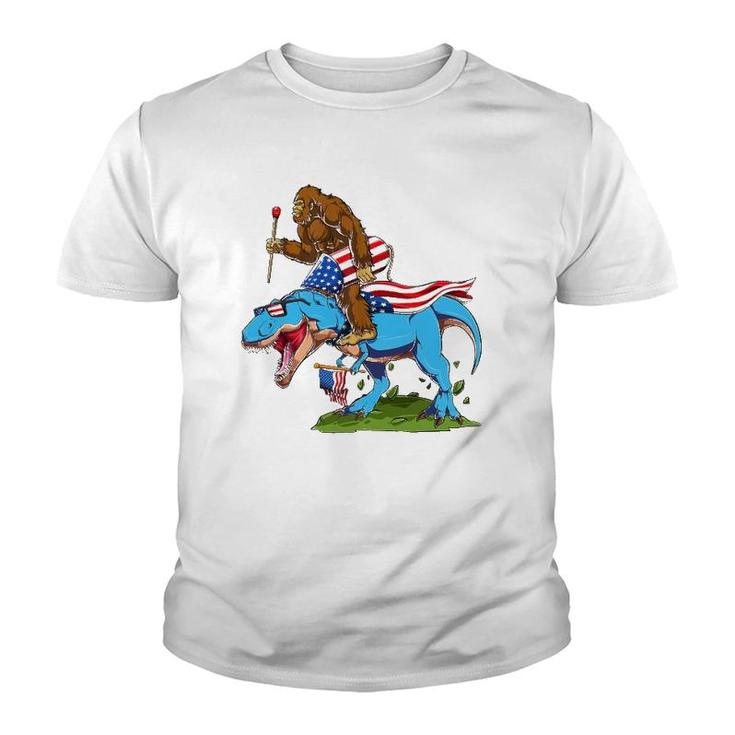 Bigfoot Riding Dinosaur Usa Flag 4Th Of July America Youth T-shirt