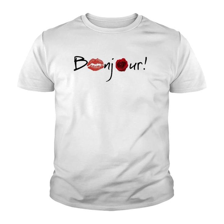 Bonjour Graphic With Lips And Rose Images Youth T-shirt