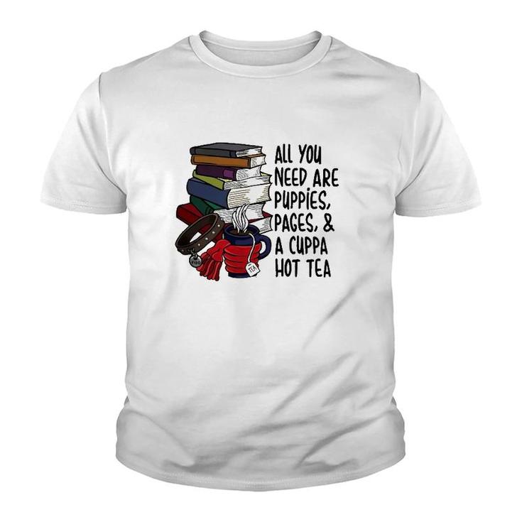 Book Reader Puppies Pages And Hot Tea Reading Library Youth T-shirt