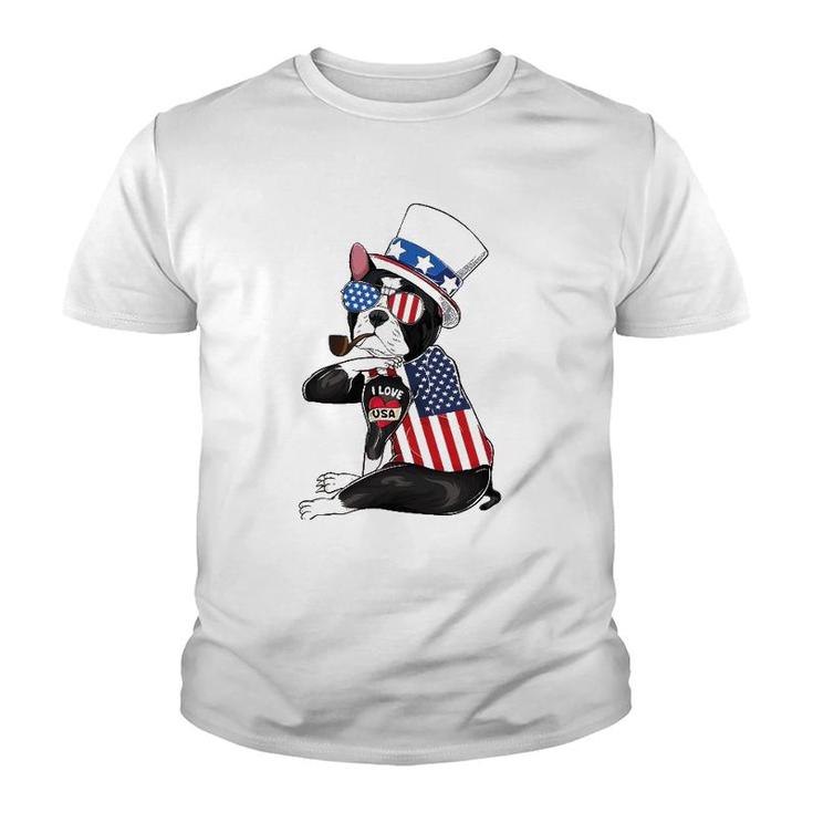 Boston Terrier Dog Merica 4Th Of July Usa American Flag Men Youth T-shirt
