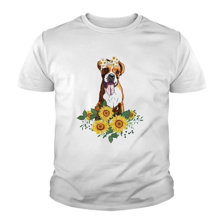Boxer Dog Sunflower Funny Boxer Lover Gifts Dog Mom Dad Youth T-shirt