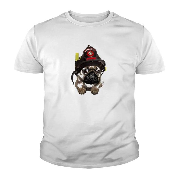 Brave Pug In Firefighter Helmet Cute Pocket Dog Youth T-shirt