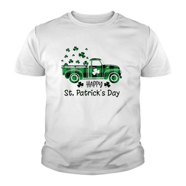 Buffalo Plaid Shamrock Vintage Truck Happy St Patrick's Day Youth T-shirt