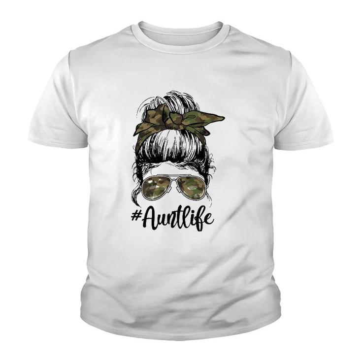 Camouflage Aunt Life Messy Bun Girl Veterans Day Mother's Day Youth T-shirt