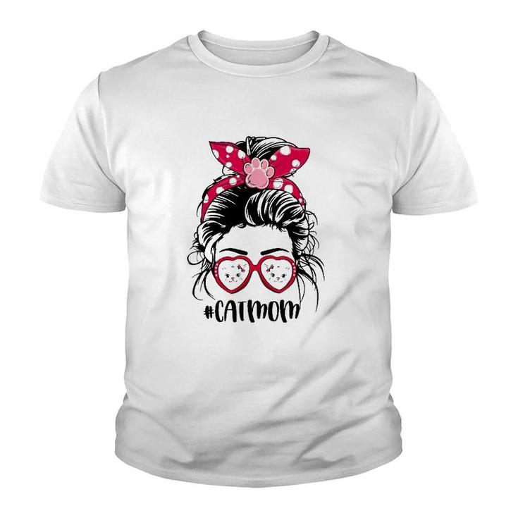 Cat Mom For Cat Faces Lovers Paw Print Heart Sunglasses Mother's Day Messy Bun Hair Polka Dots Bandana Youth T-shirt