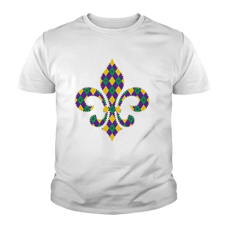 Checkered Mardi Gras Fleur De Lys Symbol Youth T-shirt