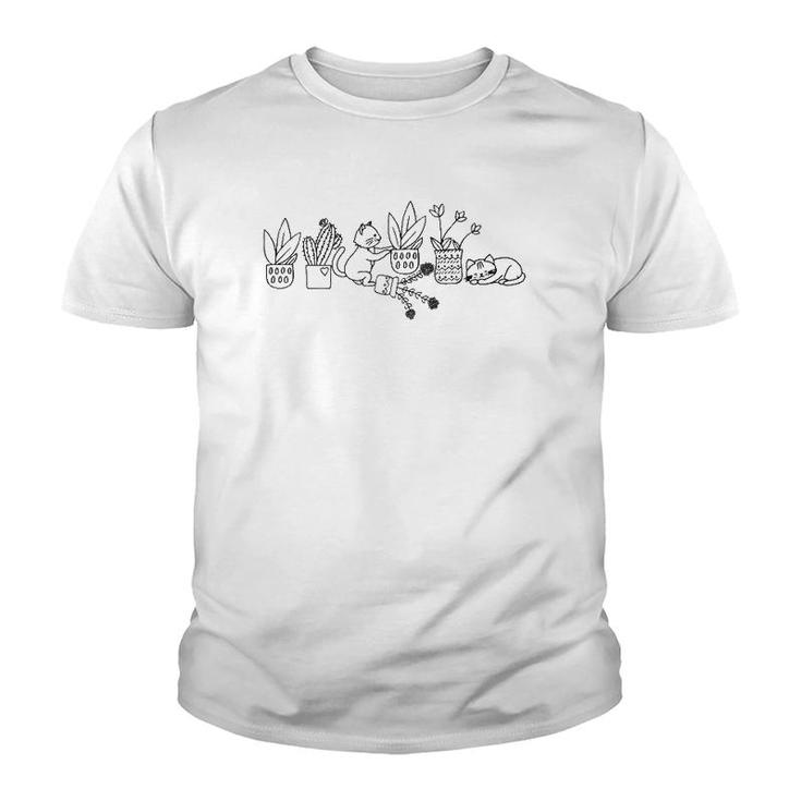 Cute Doodle Cats With Houseplants Cat Lover Plant Mom  Youth T-shirt