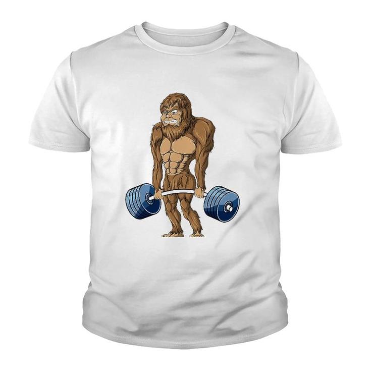 Deadlifting Sasquatch Bigfoot Weightlifting Workout Youth T-shirt