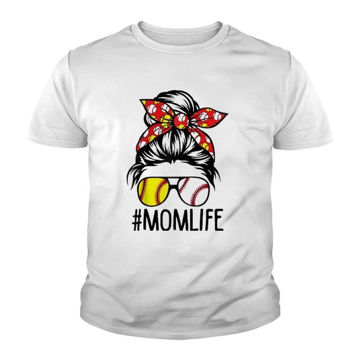 Dy Mom Life Softball Baseball Mothers Day Messy Bun Raglan Baseball Tee Youth T-shirt