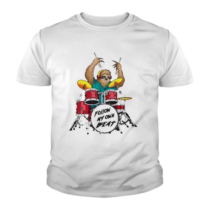 Follow My Own Beat Sloth Cute Music Jam Drummer Funny Gift Youth T-shirt