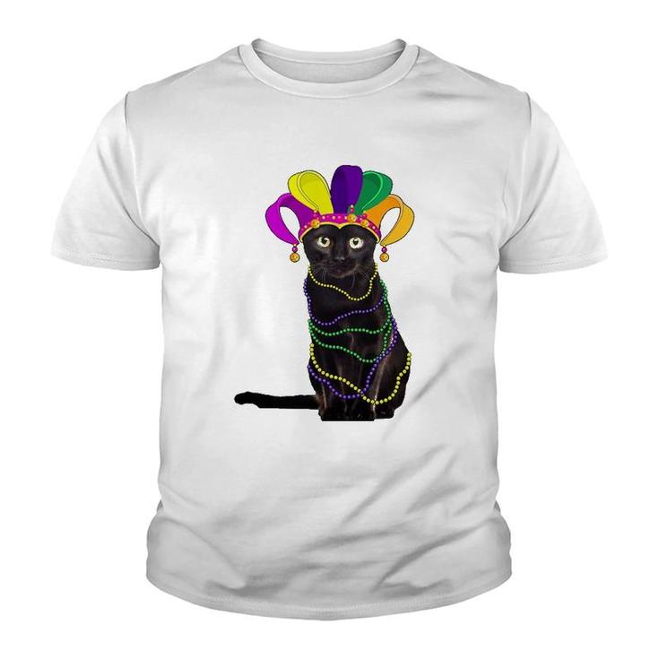 Funny Black Cat In Mardi Gras New Orleans Carnival Costume Youth T-shirt