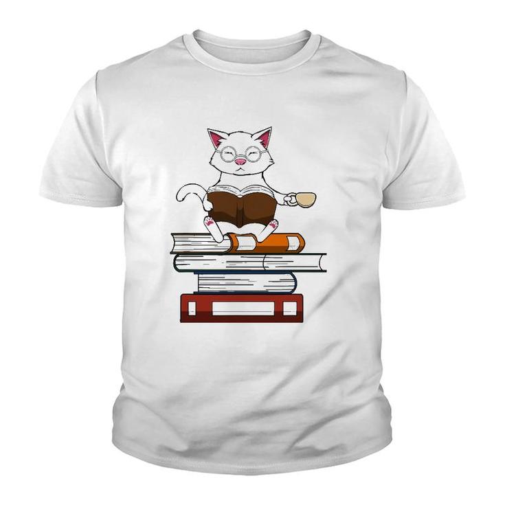 Funny Cat Kitty Reading Books Coffee Youth T-shirt