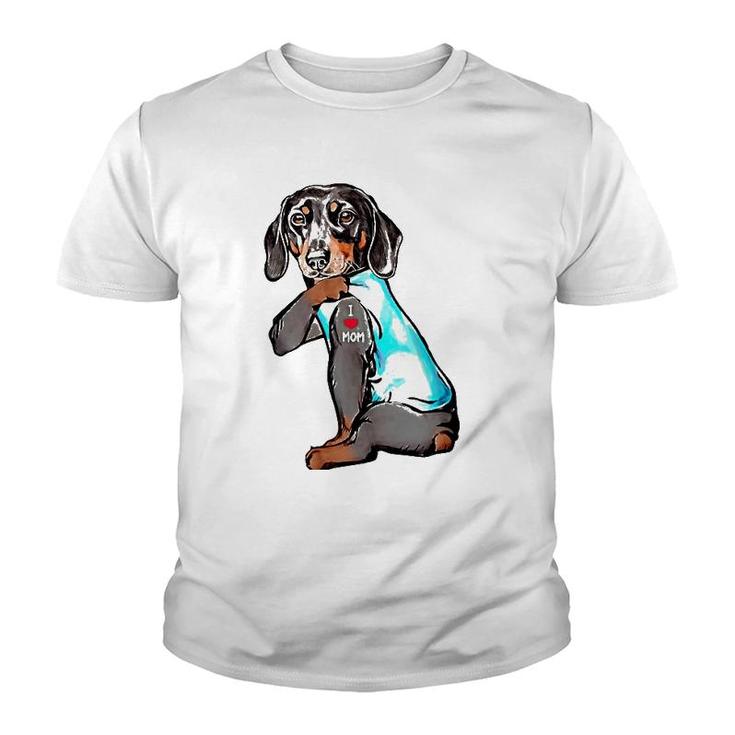 Funny Dachshund Dog Tattoo I Love Mom Dogmom Gift Youth T-shirt