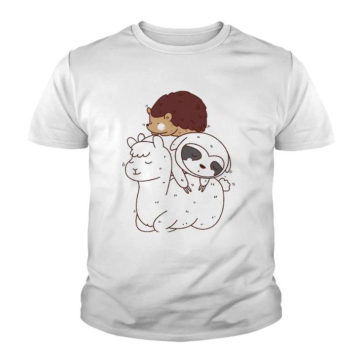 Funny Hedgehog Riding Sloth Riding Llama Youth T-shirt