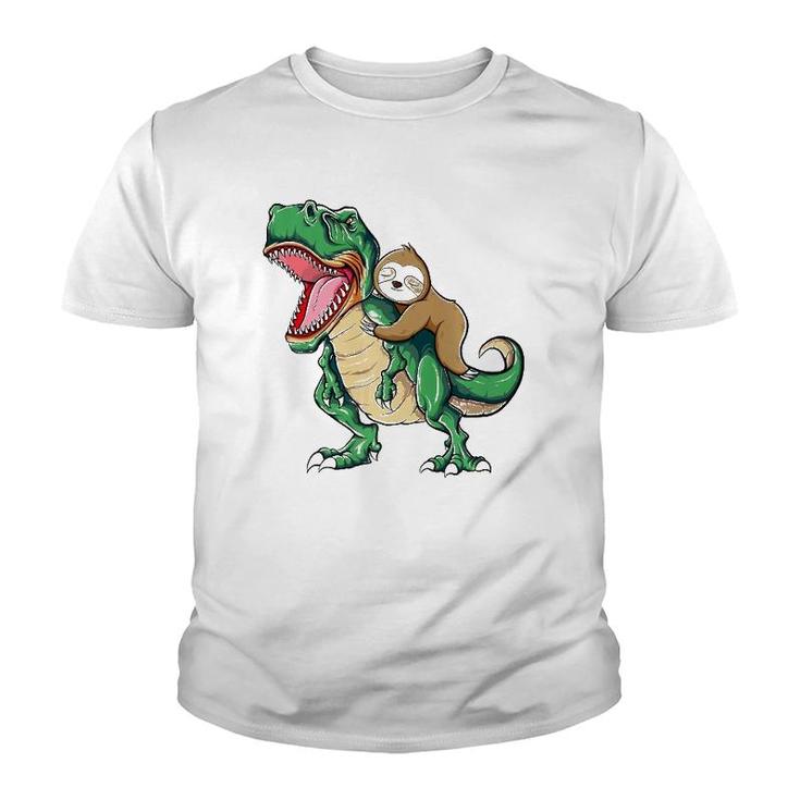 Funny Sloth Riding Arex Dinosaur  Youth T-shirt