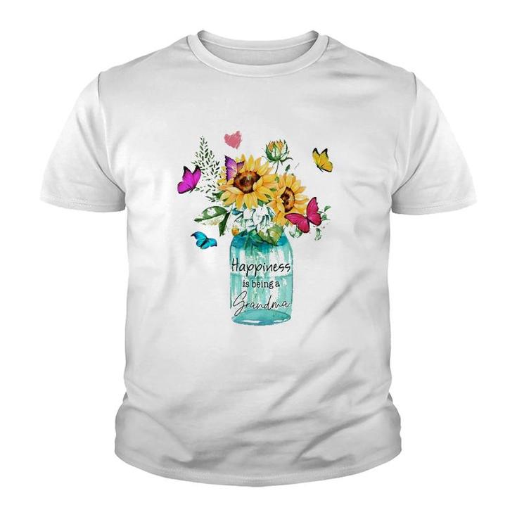 Grandmother Gift Happiness Is Being A Grandma Sunflowers Butterflies Youth T-shirt