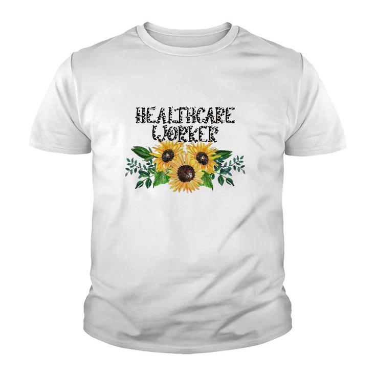 Healthcare Worker Leopard Text Sunflower Nurse Doctor Gift Youth T-shirt