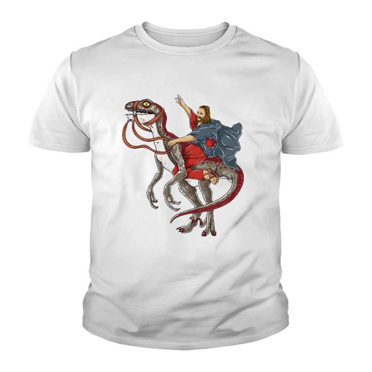 Jesus Riding A Dinosaur  Raptor Dinosaur Parody Youth T-shirt
