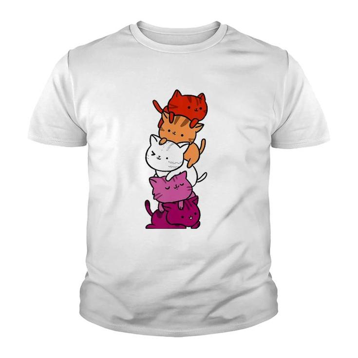 Kawaii Cat Pile Orange Pink Lesbian Pride  Youth T-shirt