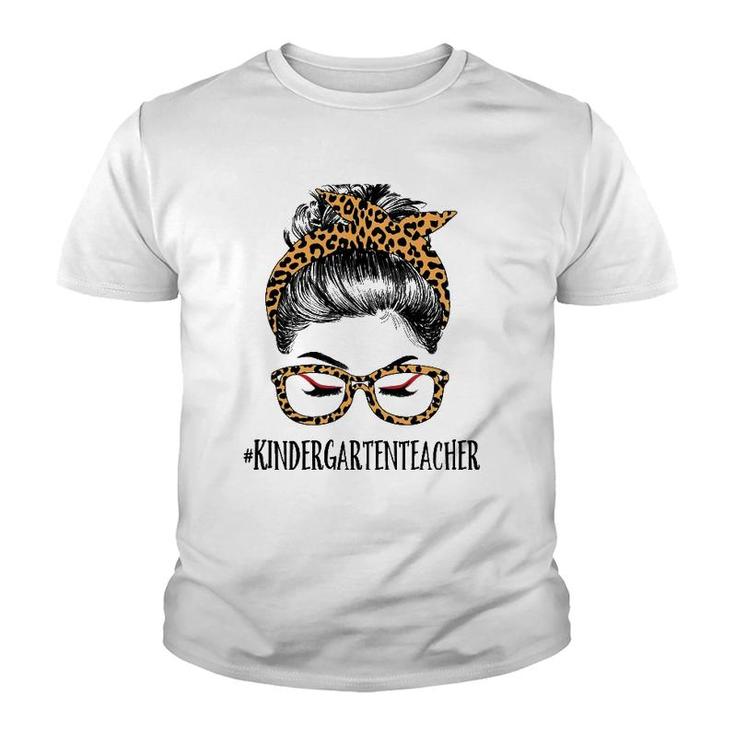 Kindergarten Teacher Life Woman Messy Bun Funny Leopard Youth T-shirt