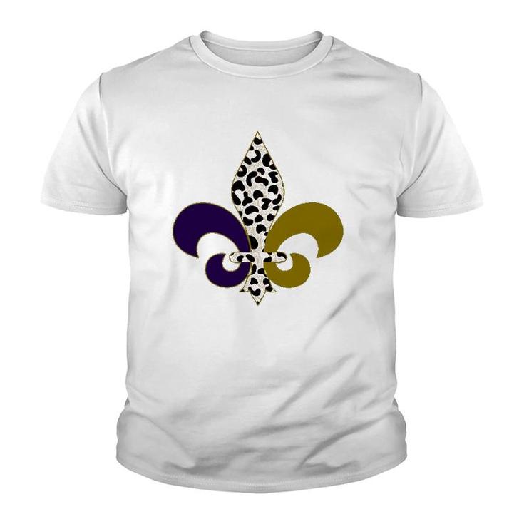 Leopard Purple & Gold Mardi Gras Fleur De Lys Symbol Youth T-shirt