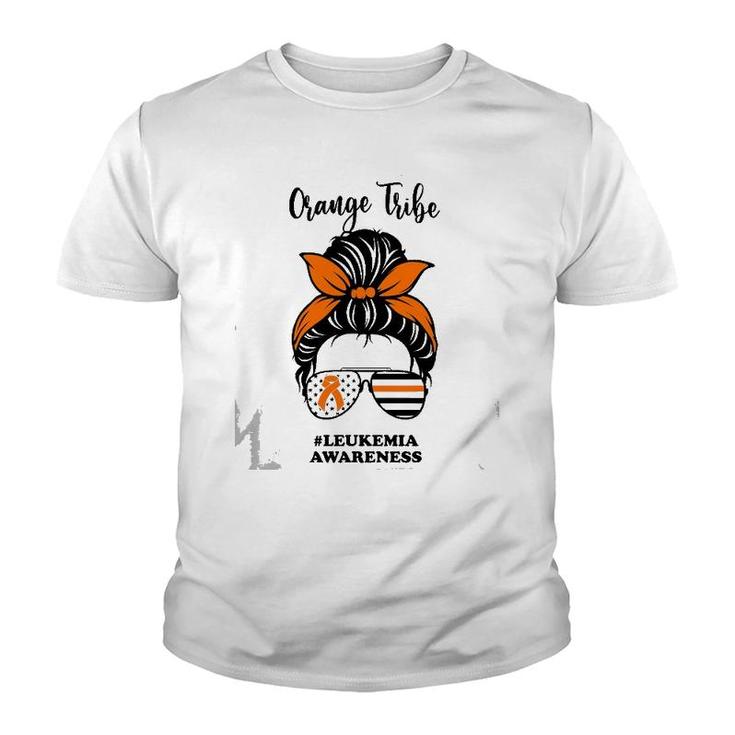 Leukemia Awareness Orange Tribe Ribbon Messy Bun Support Youth T-shirt
