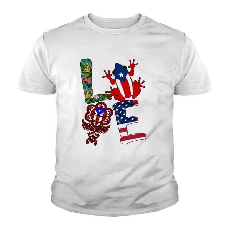 Love Puerto Rico Puerto Rican Flag Symbols Frog Atabey American Flag Floral Youth T-shirt