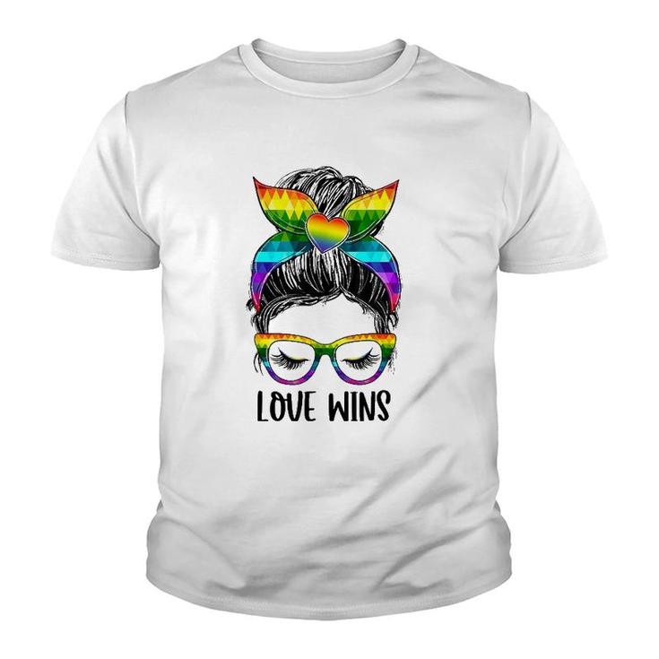 Love Wins Messy Bun Rainbow Lgbt Gay Pride Lgbt Awareness Youth T-shirt