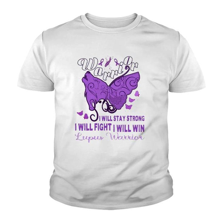 Lupus Awareness Warrior Purple Ribbon Butterfly Wolf Womens Youth T-shirt