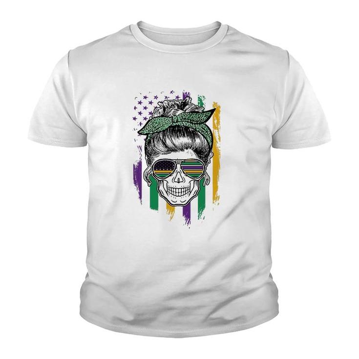 Mardi Gras Skull American Flag Funny Youth T-shirt